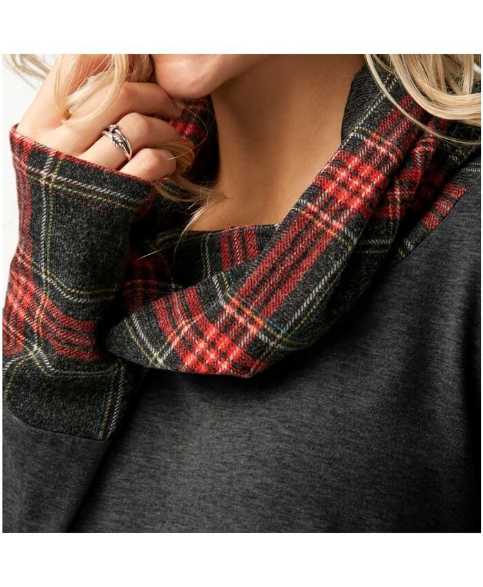 Plaid Cowl Neck Patchwork Dark Grey T Shirt